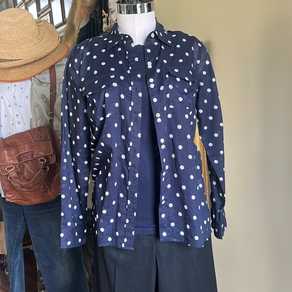 Talbots Sz SP 100% Cotton Polka Dot Button Down Ladies Shirt EUC